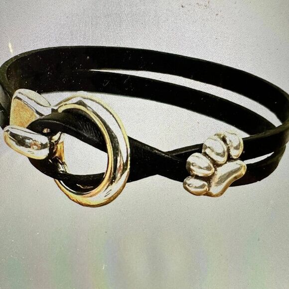 Boho Hippie Black Leather Pet Paw Circle Buckle Cuff Bracelet, Double Wrap, Gif - Picture 1 of 9
